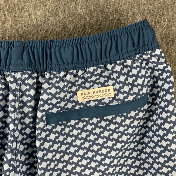 Fair Harbor Swim Trunks Mens Medium Blue Geometric Drawstring Lined 2 In 1 - Picture 11 of 13
